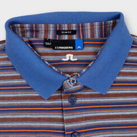 $115 J Lindeberg Polo Shirt Mens Large Striped Dev Slim Lux Pique Logo Golf - Picture 6 of 9